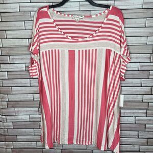 NEW Corvia Women's Plus Size 2X Blouse Pink White Stripes Shirt Short Sleeve Top